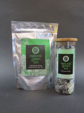 Bamboo Lid Borosilicate Tea Canister with Vintage Teas 50 Silken Pyramid Tea Bags - Natural Green Tea
